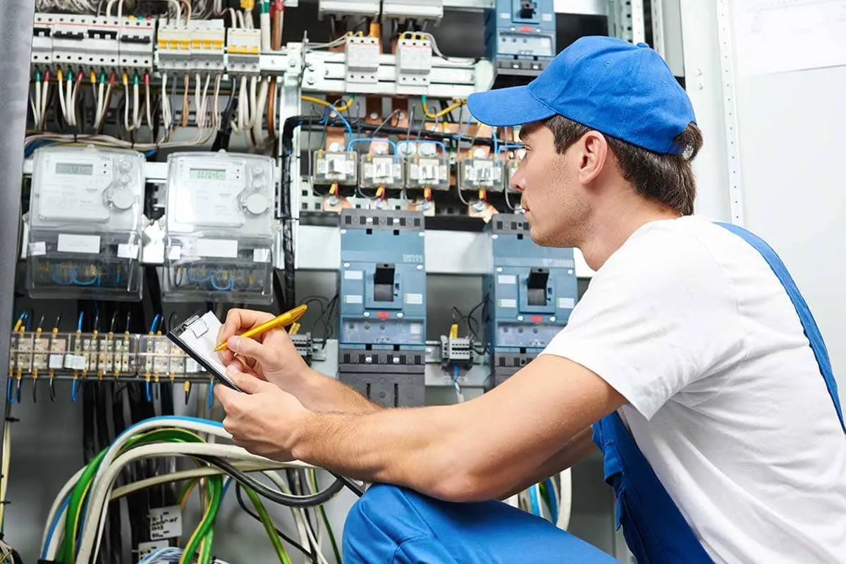 Electricista tomando notas frente a un cuadro de contadores antes de un certificado eléctrico en Tenerife