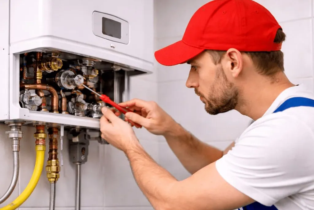 Técnico revisando un calentador de gas con destornillador, servicio de calentadores en Gran Canaria
