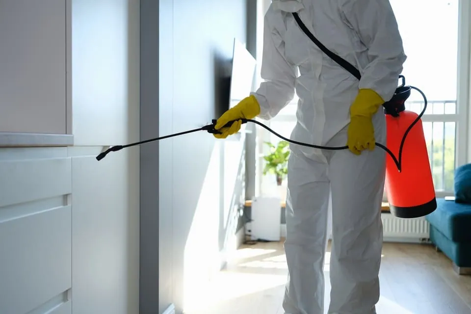 Técnico con pulverizador tratando un salón durante una desinsectación de vivienda en Tenerife