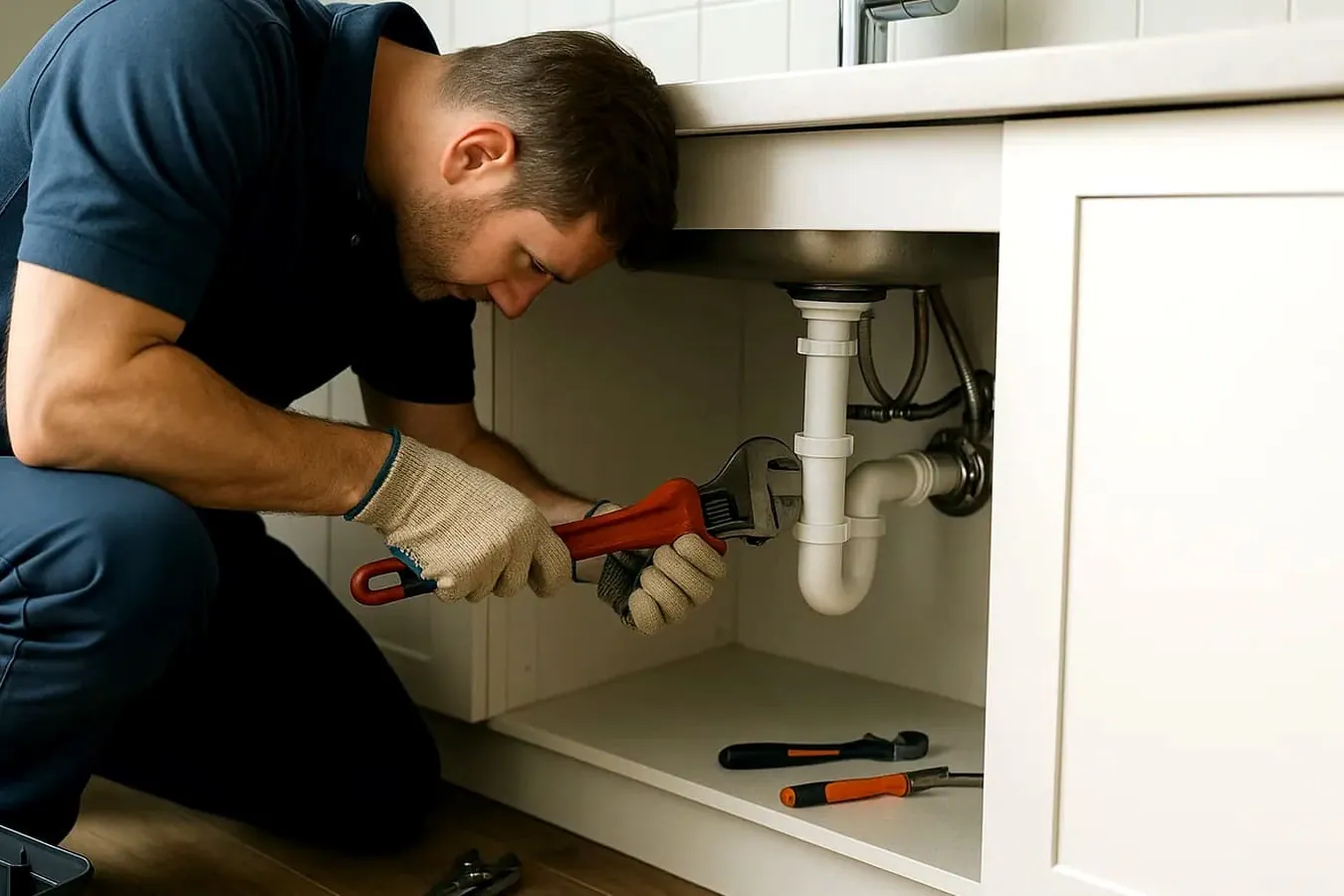 Fontanero reparando el sifón bajo un fregadero en una vivienda de Gran Canaria