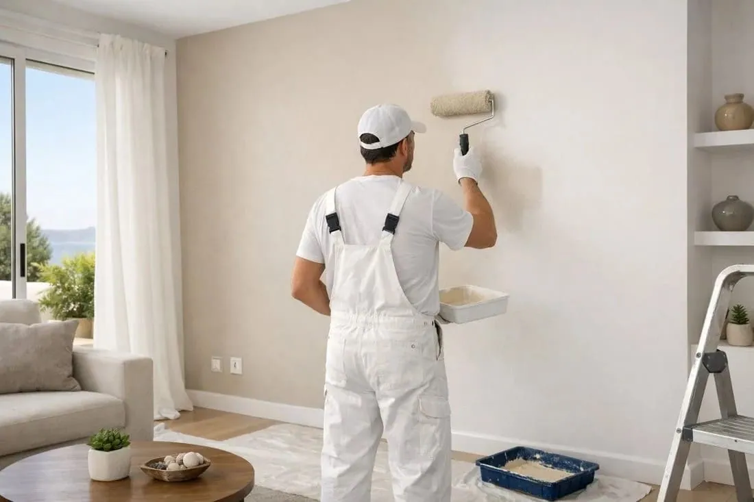 Pintor con rodillo en un salón, pintura de interiores en Las Palmas