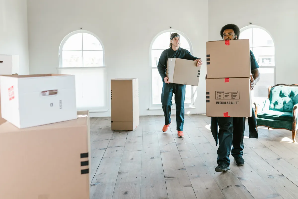 Dos operarios de mudanzas cargando cajas en una habitación soleada