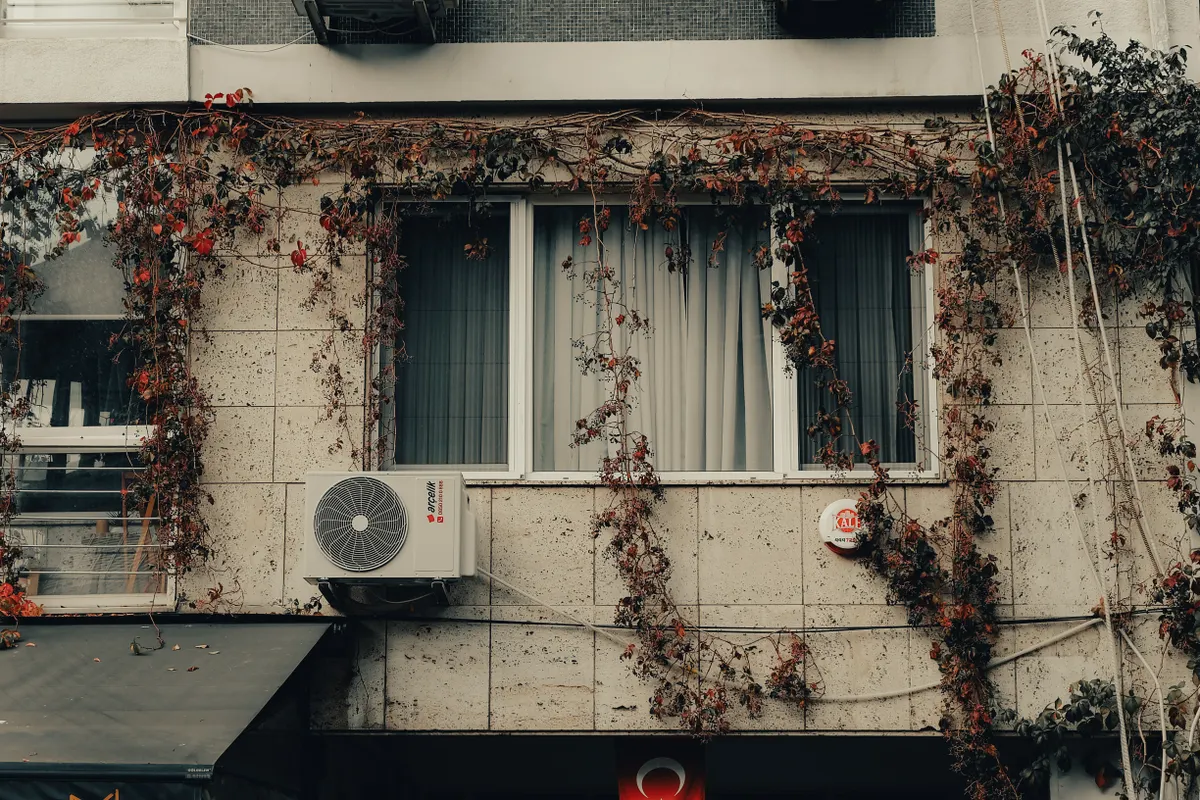 Fachada urbana con enredaderas y un aire acondicionado en otoño
