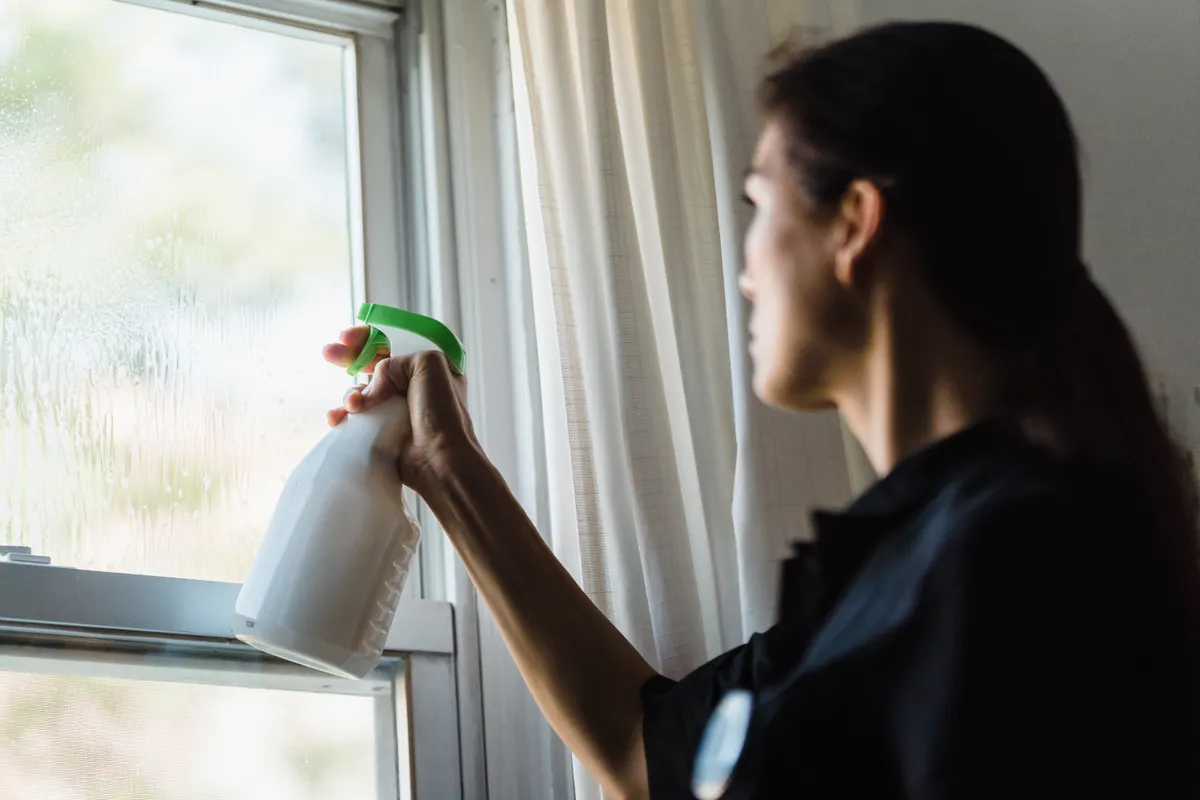 Mujer limpiando el cristal de una ventana con un pulverizador desde el interior