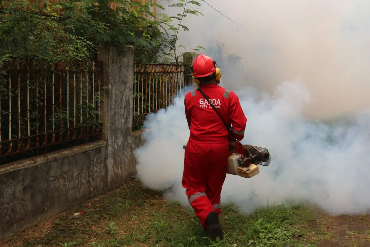 Operario de control de plagas nebulizando con humo un espacio exterior