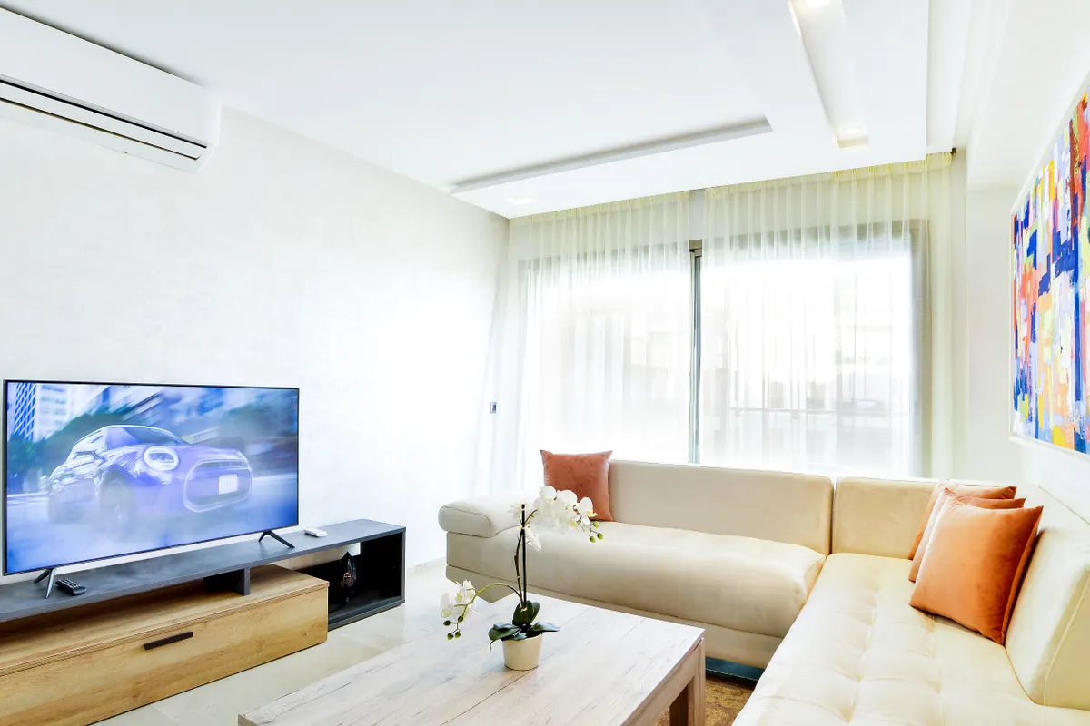 Salón luminoso de decoración moderna con sofá, televisor y arte abstracto